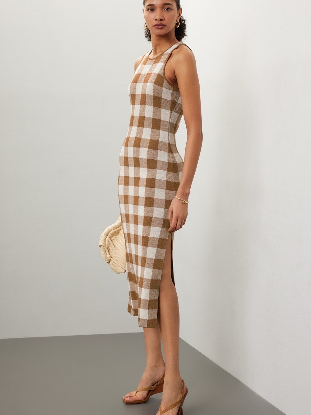 Toccin Emerson Dress - Sleeveless Brown and White Gingham Knit Midi Dress